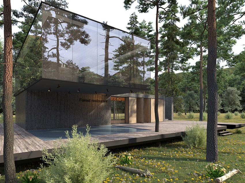 a modern wooden restaurant in the forest with floor to ceiling windows